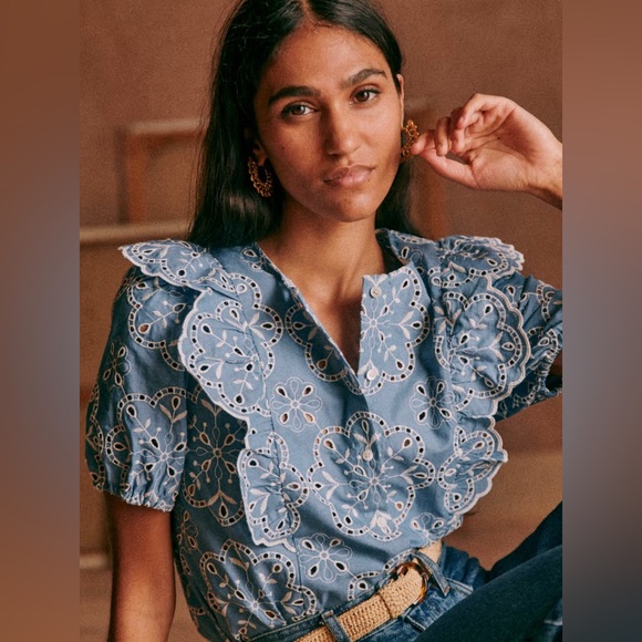 Sezane Tops - NWOT Sezane denim ecru embroidered blouse